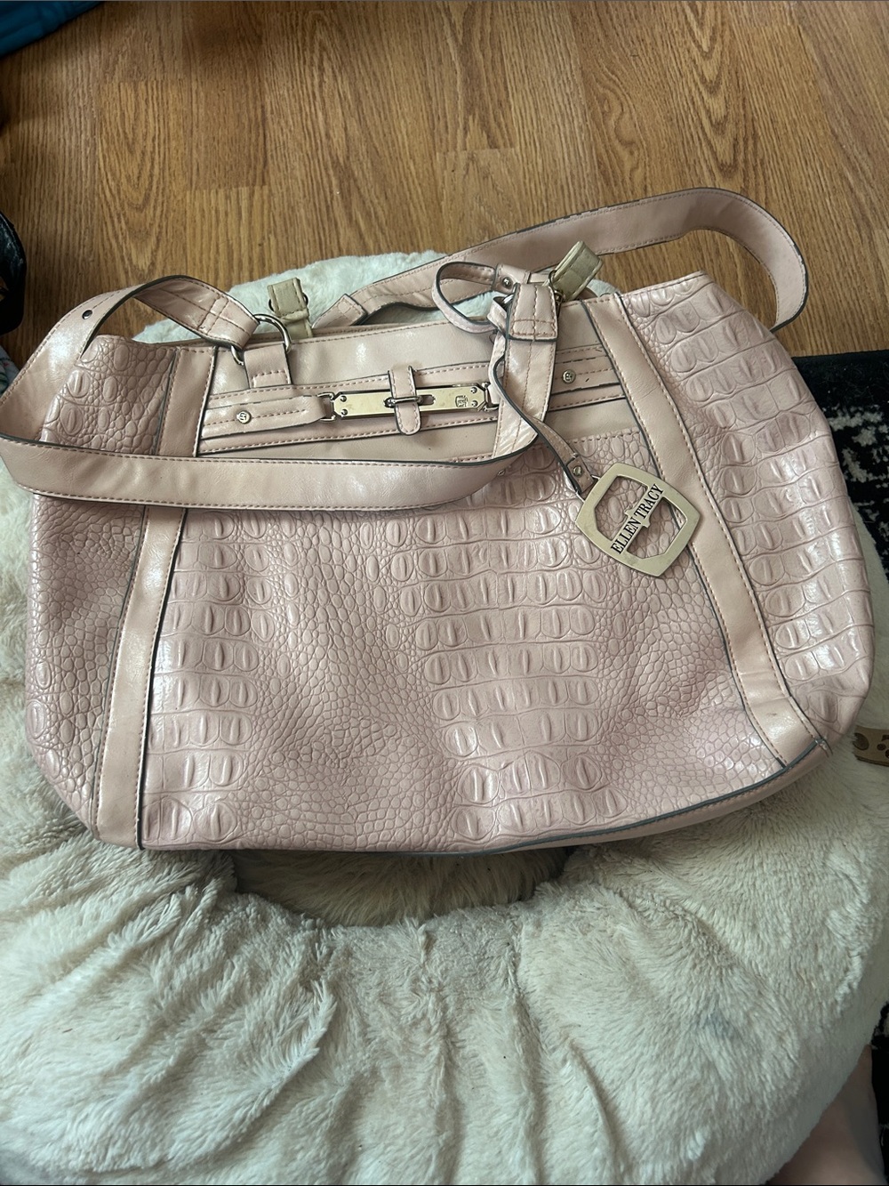 Ellen Tracy Croc-Embossed Shoulder Bag in Blush with Gold Hardware
